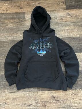 NWT adidas Fleece Hoodie Black Trefoil Cool Blue Logo Men’s Size Small KB4515